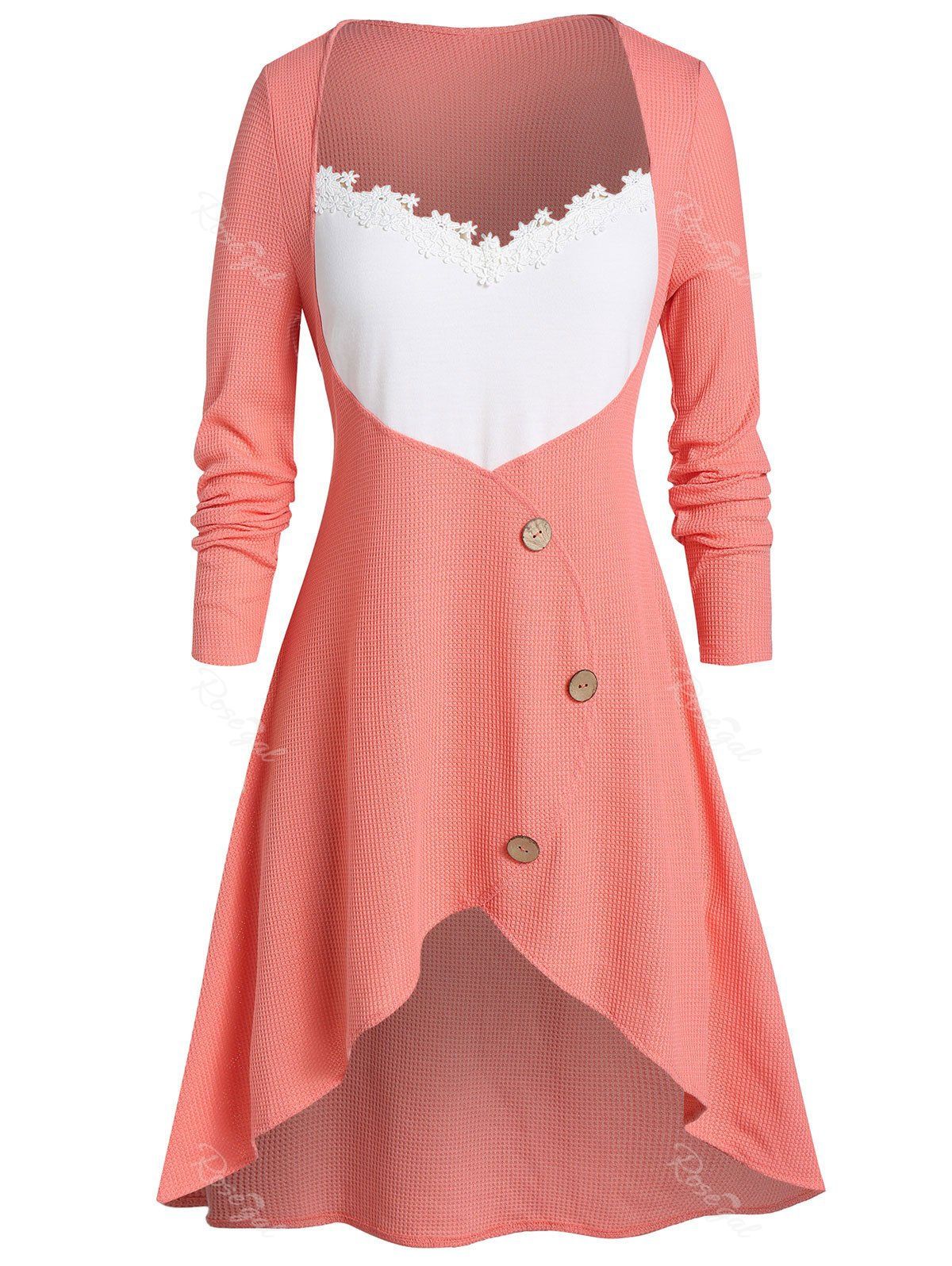 

Plus Size High Low Contrast Color Long Tunic Knitwear, Watermelon pink