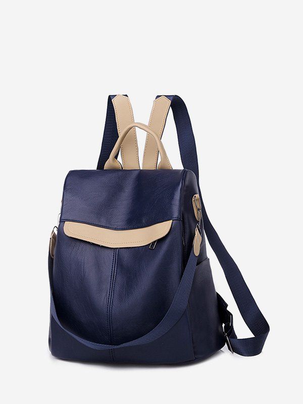 

Travel Back Open Color Block PU Backpack, Deep blue
