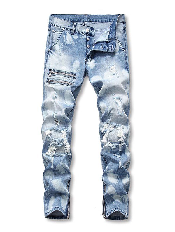 

Button Fly Zipper Decoration Ripped Jeans, Baby blue