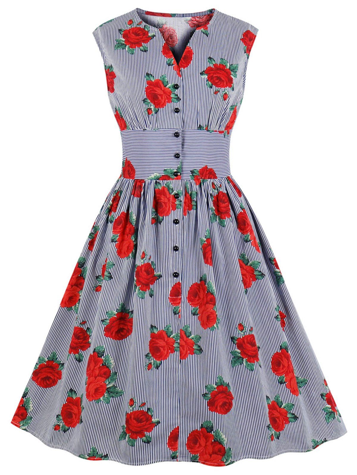 

V Neck Floral Striped A Line Vintage Dress, Red