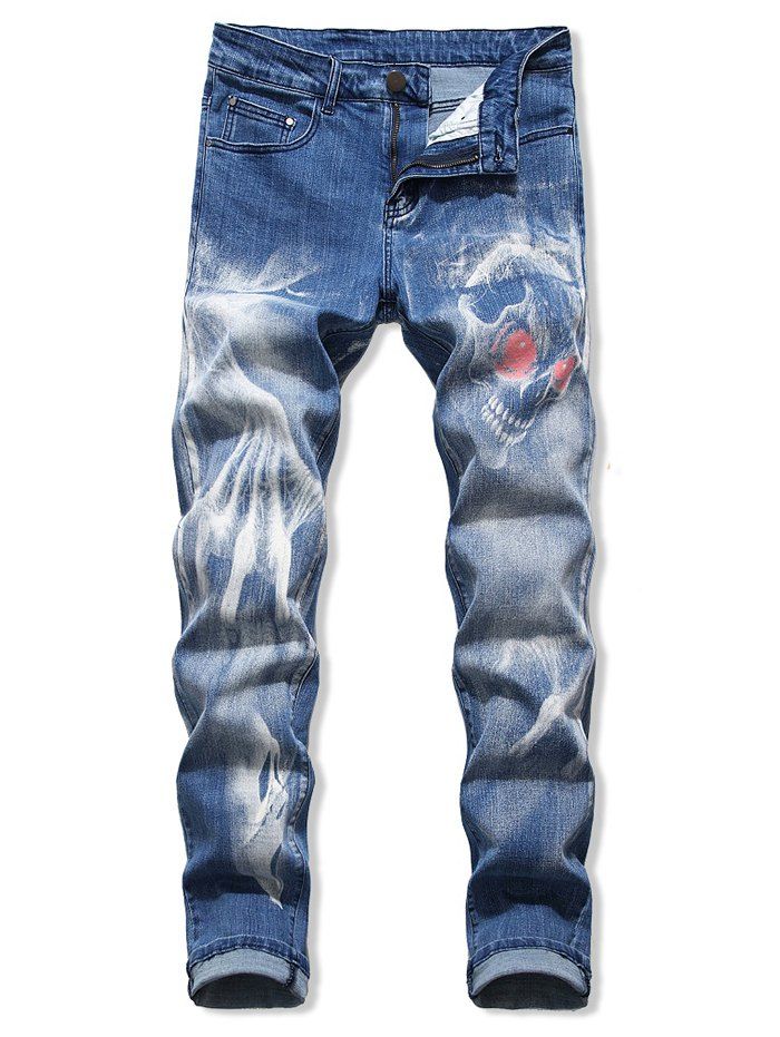 

Skull Print Zip Fly Cuffed Jeans, Sky blue