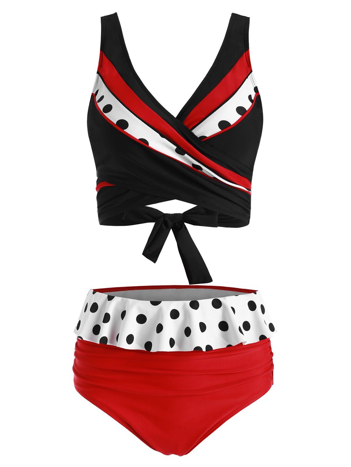 

Polka Dot Flounce Ruched Vintage Wrap Bikini Swimsuit, Red
