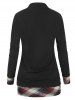 V Neck Plaid Panel Ruched T Shirt -  