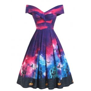 

Off Shoulder Pumpkin Bat Multicolor Halloween Dress, Multi