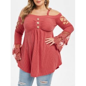 

Plus Size Bell Sleeve Cross Cross Ribbed T-shirt, Cherry red