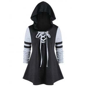

Plus Size Tunic Hooded Two Tone T Shirt, Blue gray