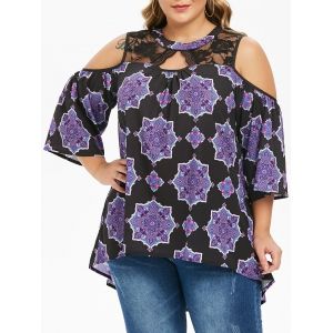 

Plus Size Lace Yoke Printed Cold Shoulder Tunic, Black