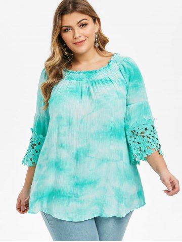 

Plus Size Smocked Lace Panel Tie Dye Blouse, Medium turquoise