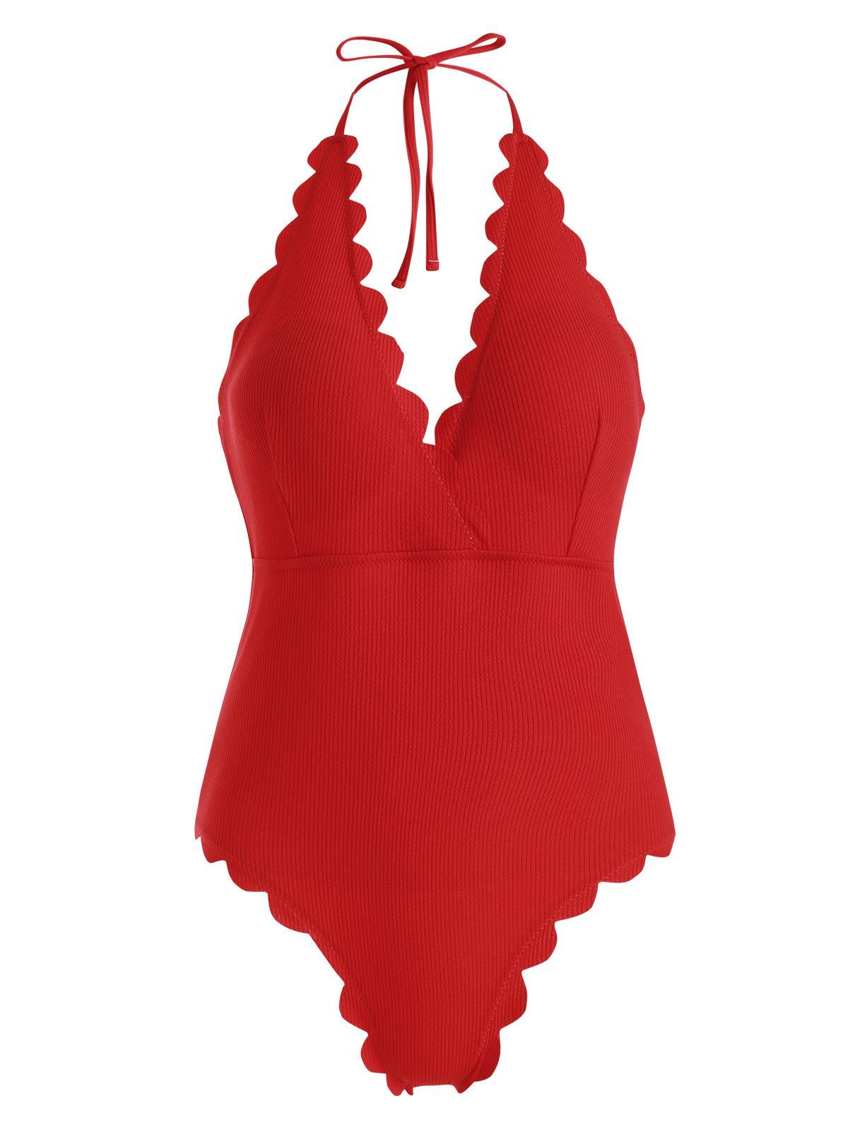 

Scalloped Ribbed Halter Surplice One-piece Swimsuit, Red