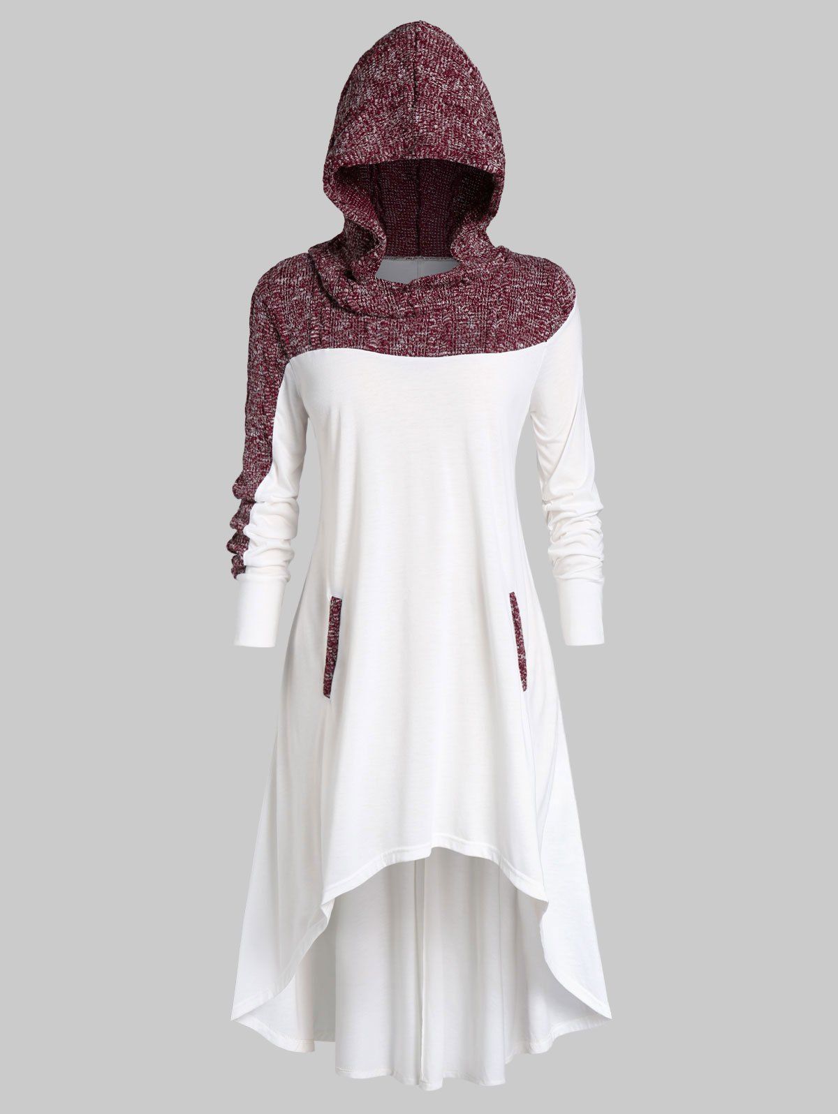 

Plus Size Spliced Hooded High Low Midi Dress, White