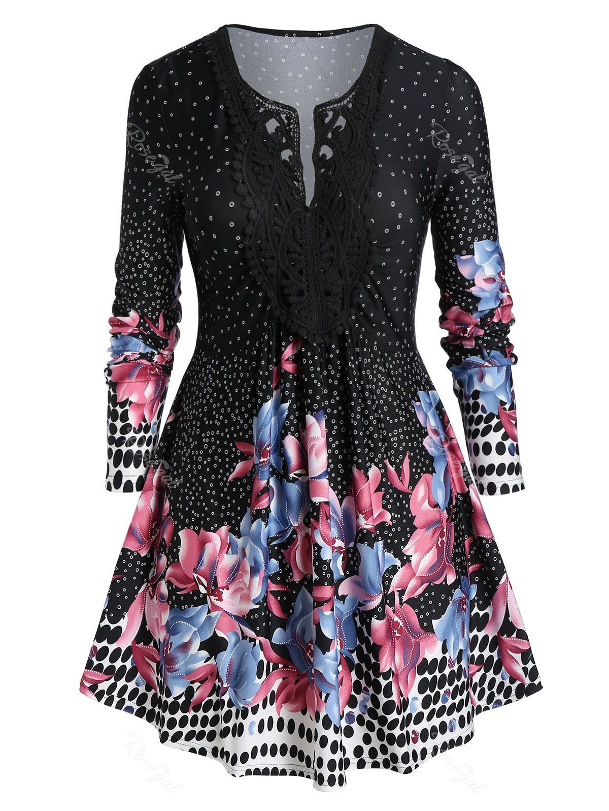 

Plus Size Lace Crochet Polka Dot Floral Tunic T-shirt, Black