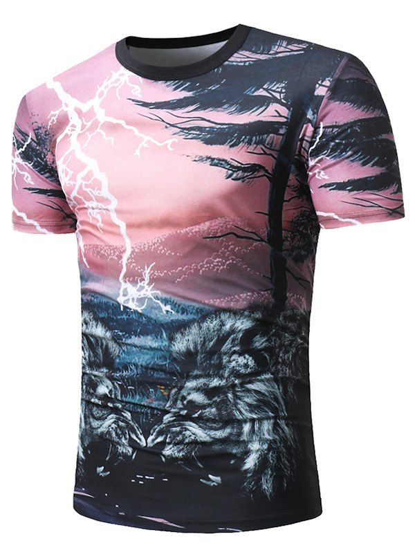 

Lightning Wild Lion Pattern Print Casual T-shirt, Pink