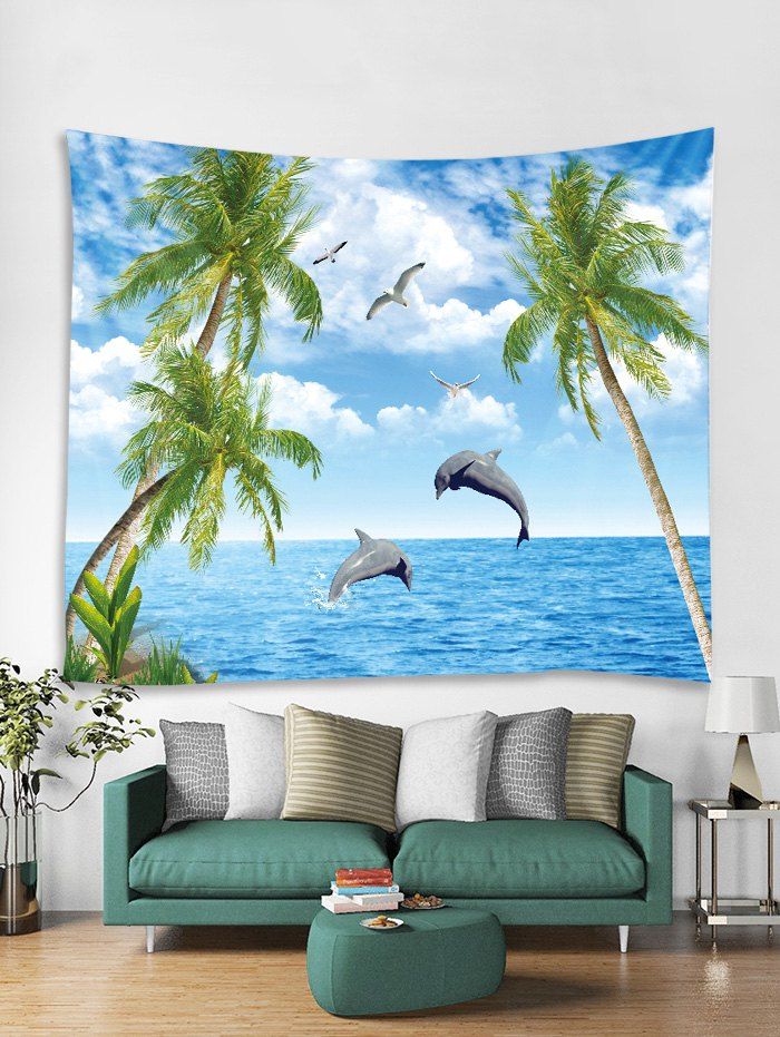 

Seaside Dolphin Tree 3D Print Wall Tapestry, Day sky blue