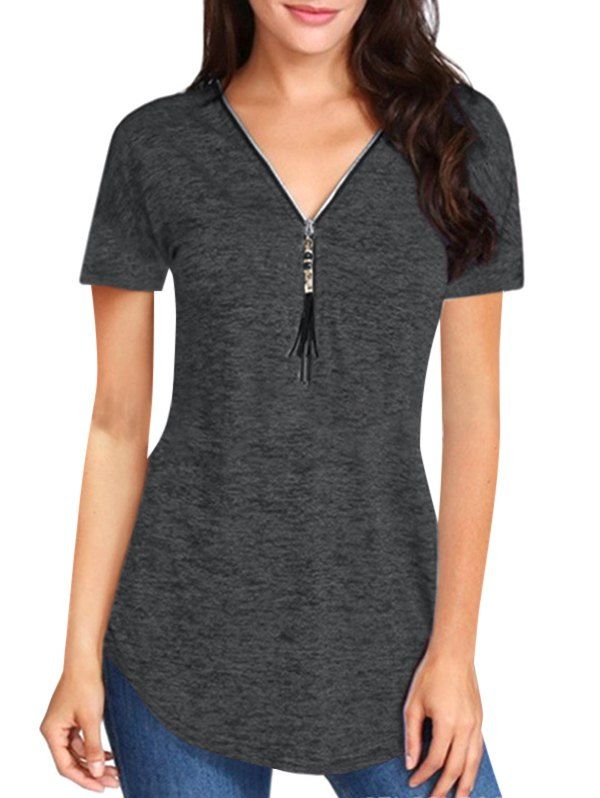 

Zip Front Fringed Space Dye V Neck Tee, Gray