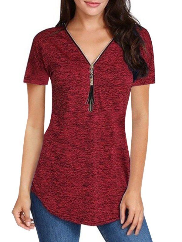 

Zip Front Fringed Space Dye V Neck Tee, Red wine