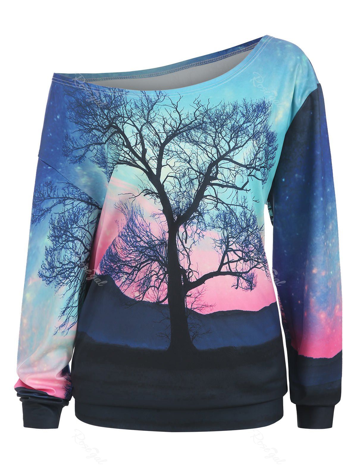 

Plus Size Sunset Tree 3D Print Skew Neck Sweatshirt, Black