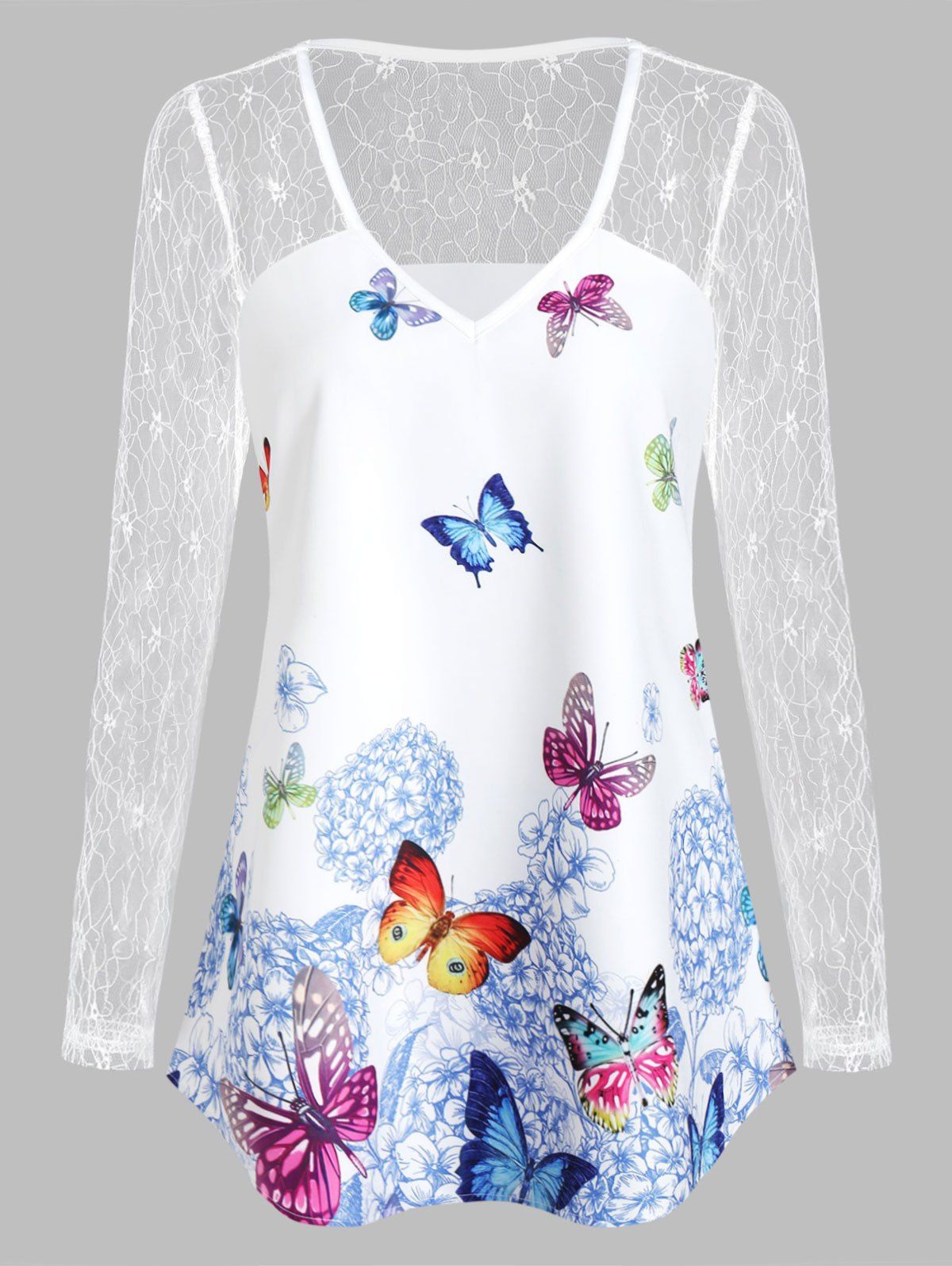 

Butterfly Print V Neck See Thru T Shirt, White