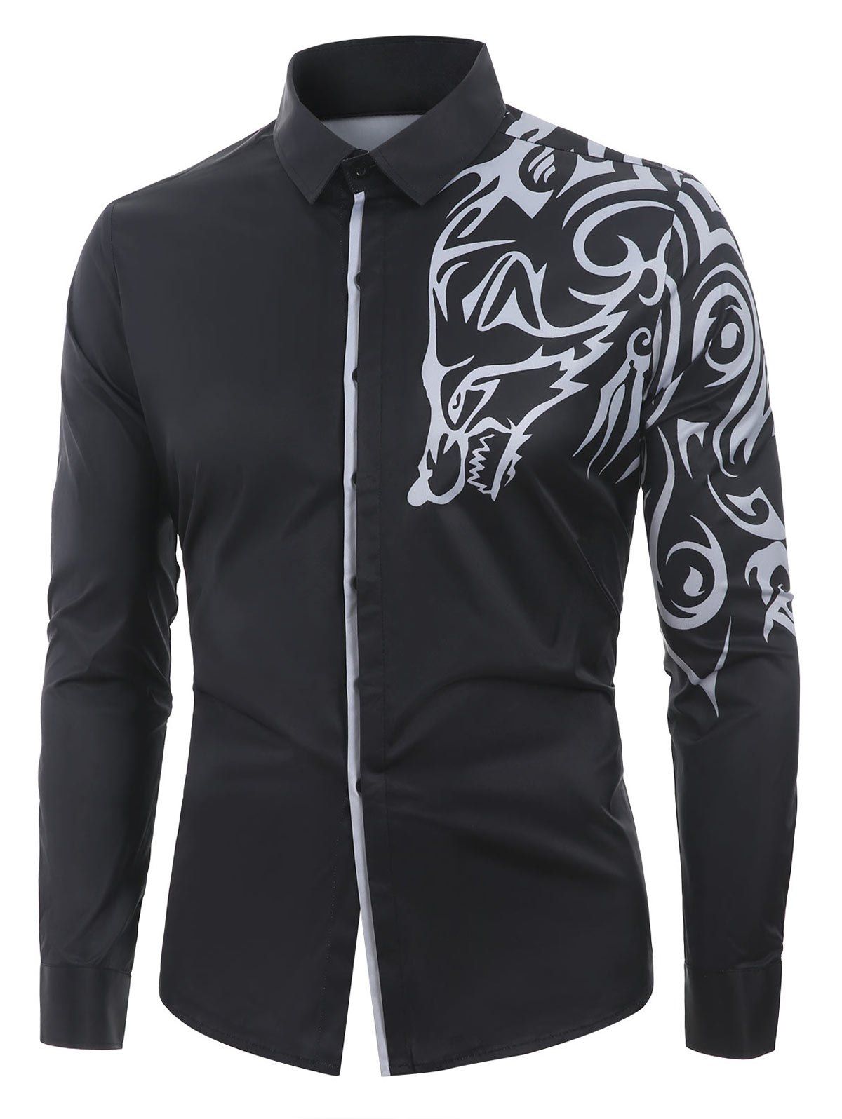 

Casual Print Button Up Long Sleeves Shirt, Black