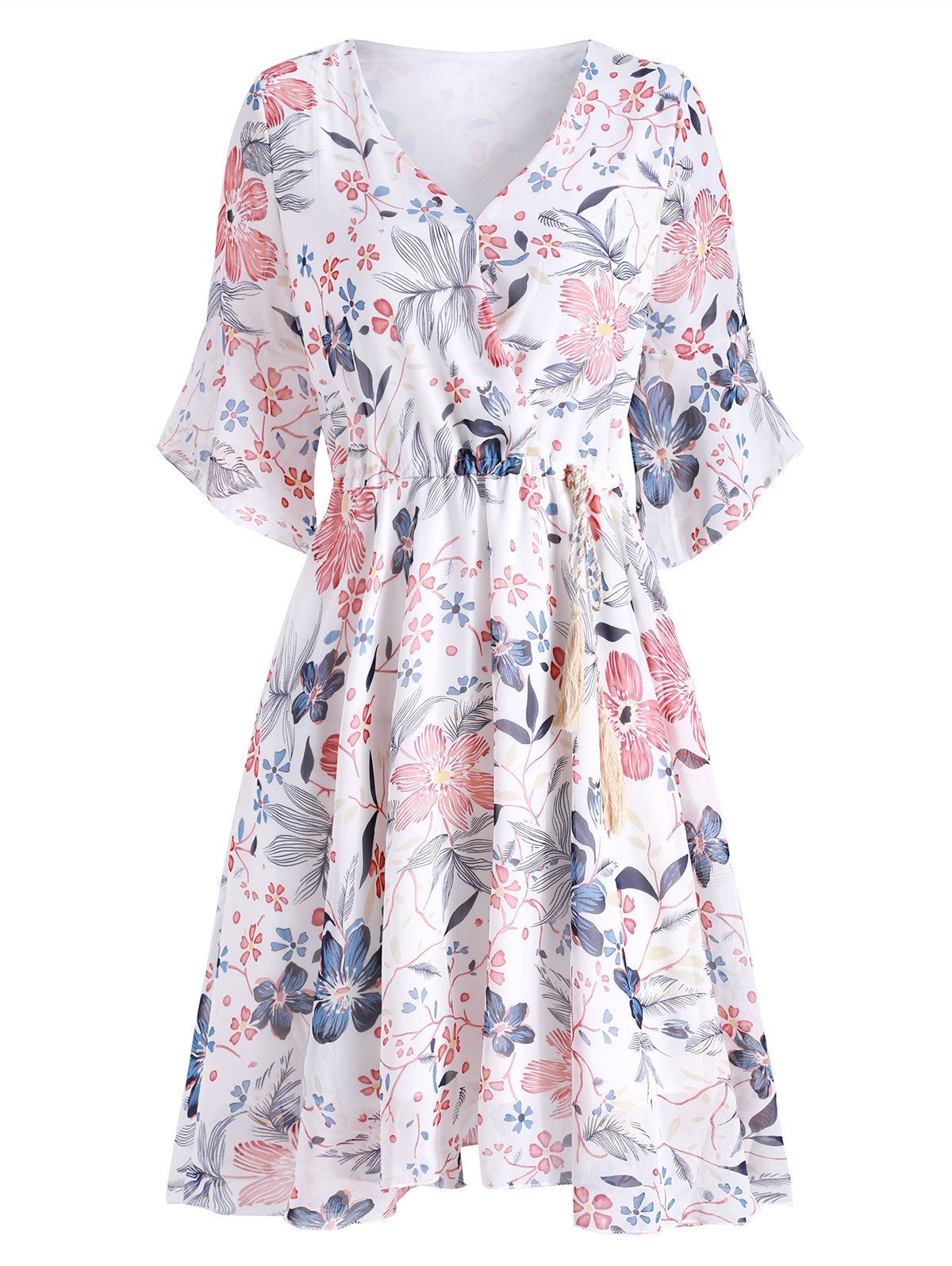 

Floral Flare Sleeve Chiffon Dress, White
