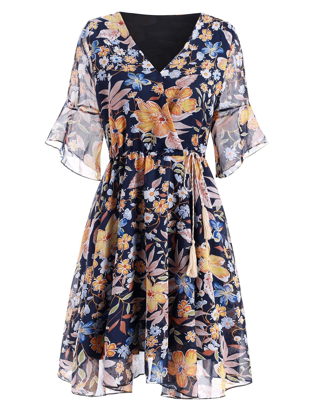 

Floral Flare Sleeve Chiffon Dress, Midnight blue