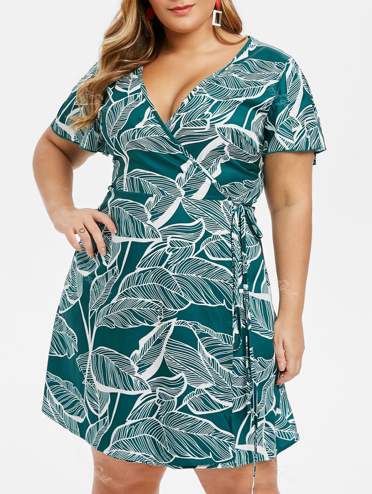 

Plus Size Low Cut Palm Print Wrap Dress, Medium aquamarine