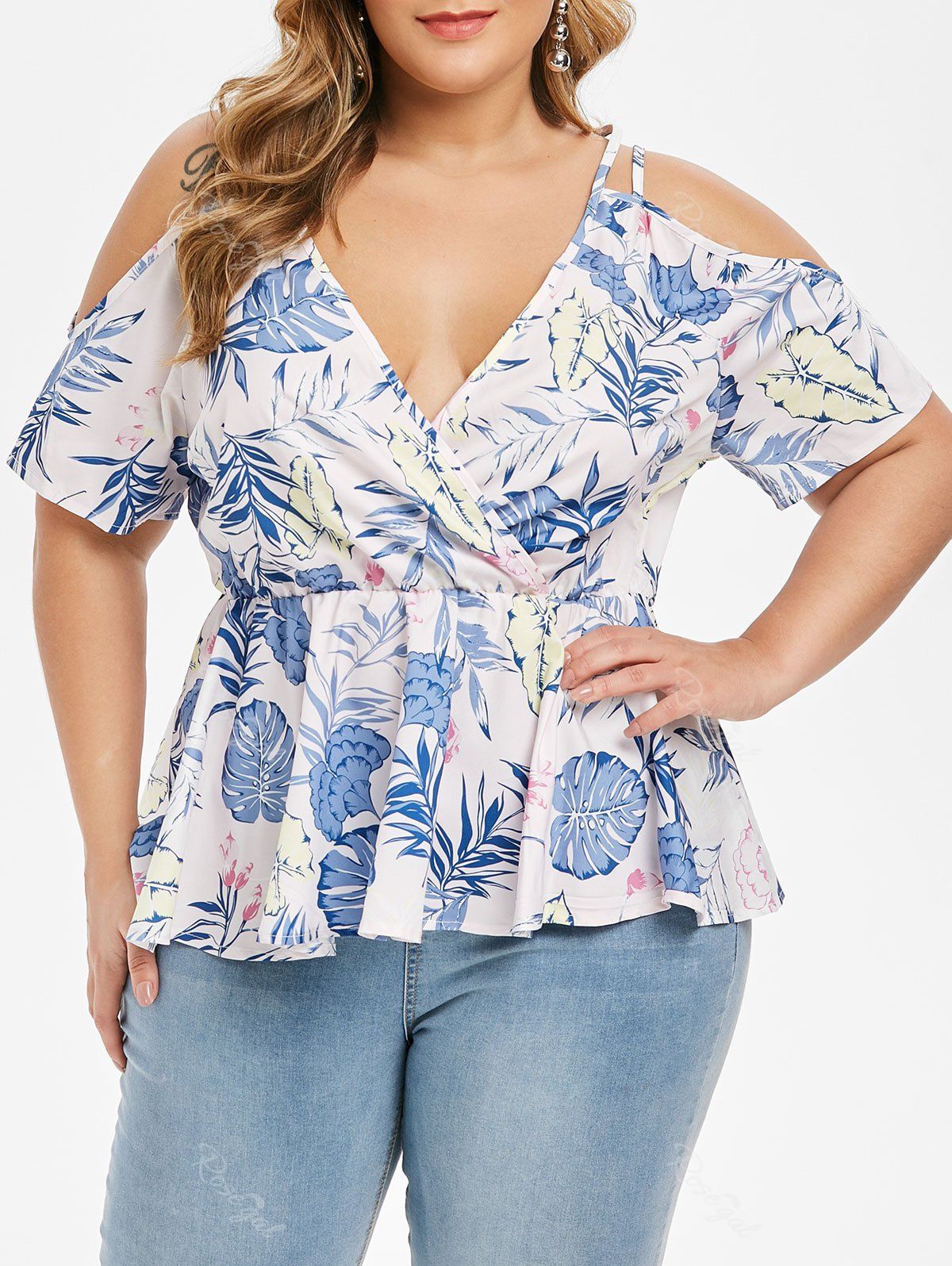 

Plus Size Cold Shoulder Tropical Print Peplum Blouse, Multi-a