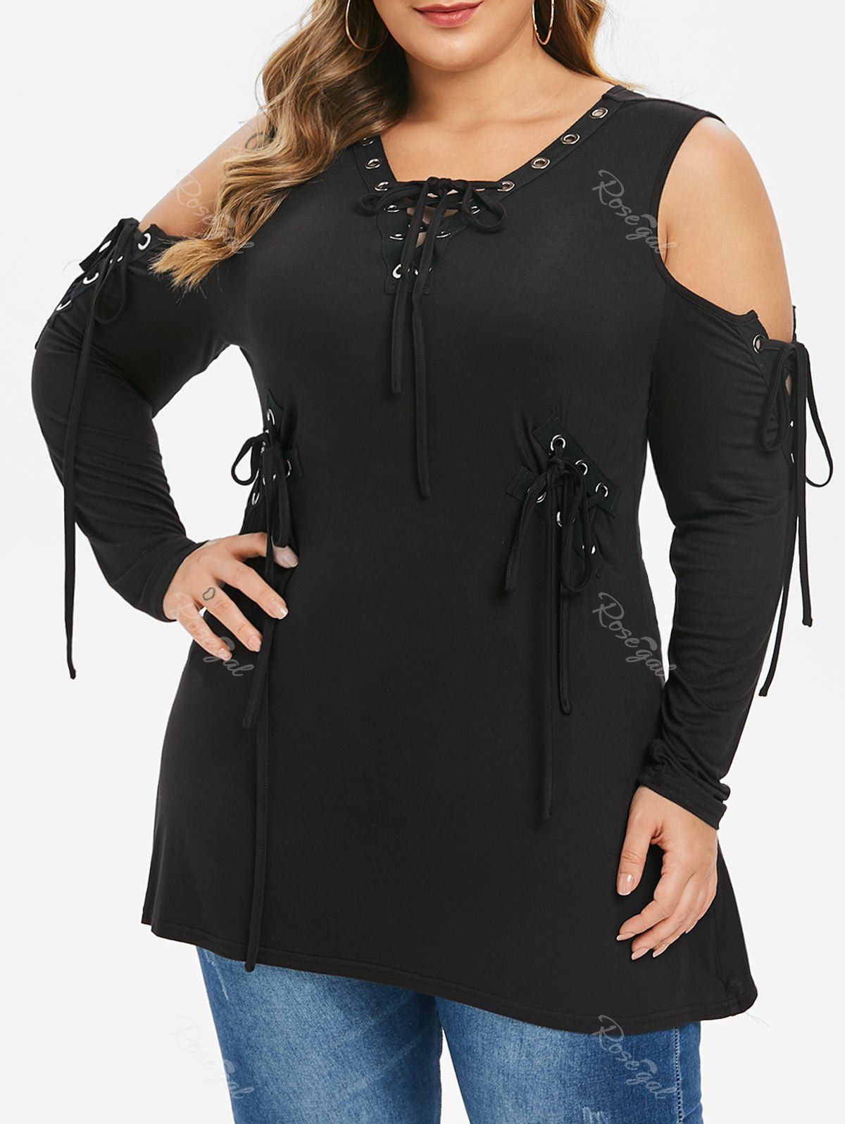 

Plus Size Cold Shoulder Lace Up Gothic Tee, Black
