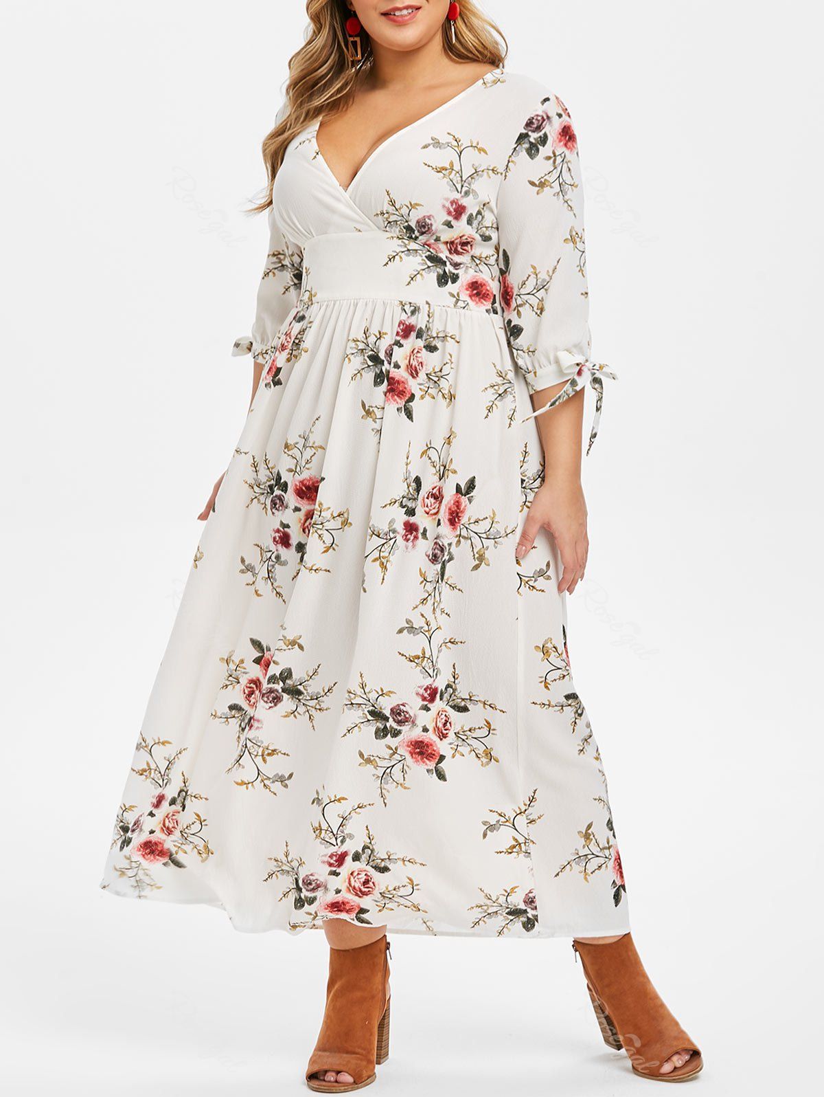 

Plus Size Plunge Tie Sleeve Floral Maxi Dress, White
