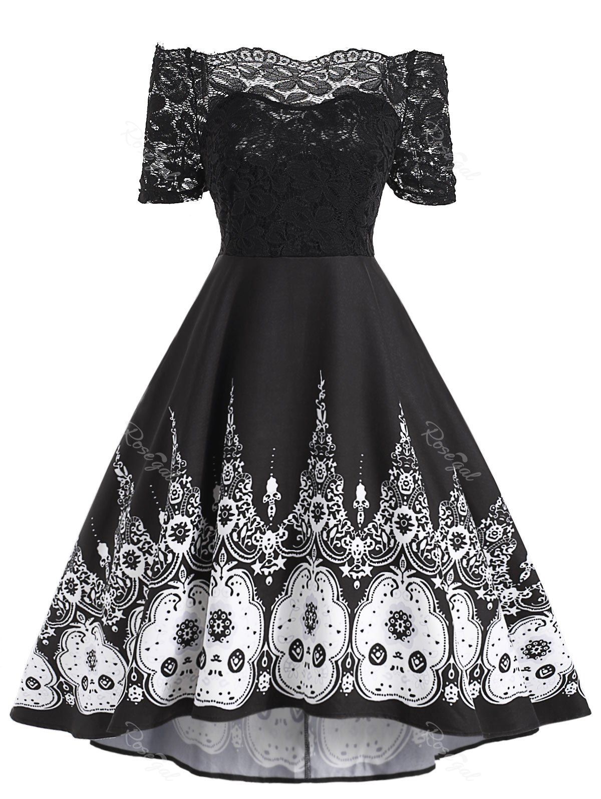 

Printed Lace Panel Off Shoulder Plus Size Dress, Black
