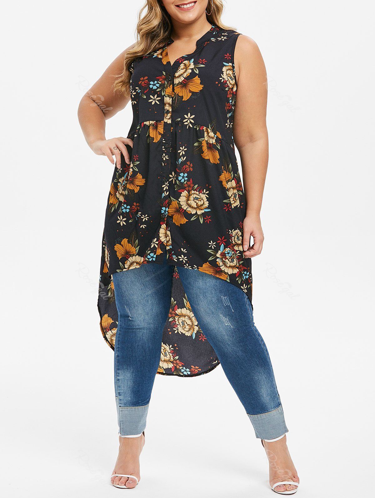 

High Low Button Up Floral Plus Size Blouse, Cadetblue