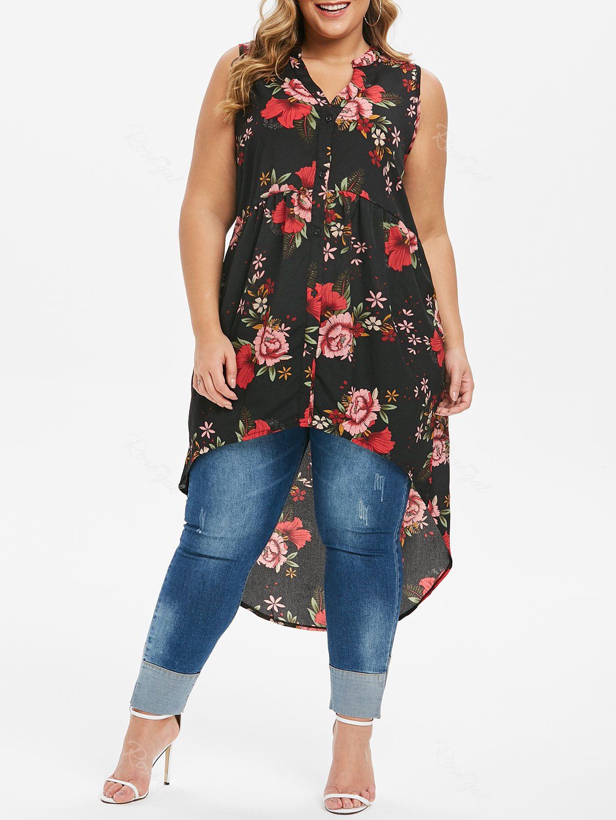 

High Low Button Up Floral Plus Size Blouse, Black