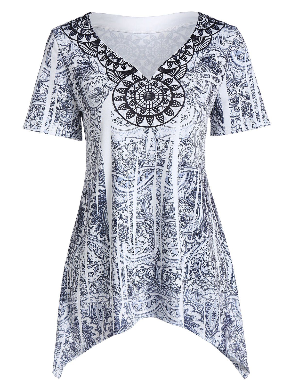 

Asymmetrical V Neck Printed Short Sleeve Tee, White
