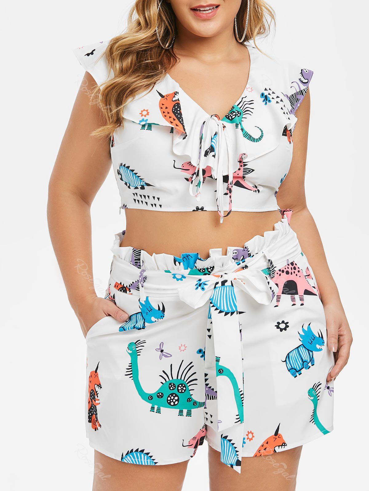 

Plus Size Ruffle Dinosaur Print Shorts Co Ord Set, White