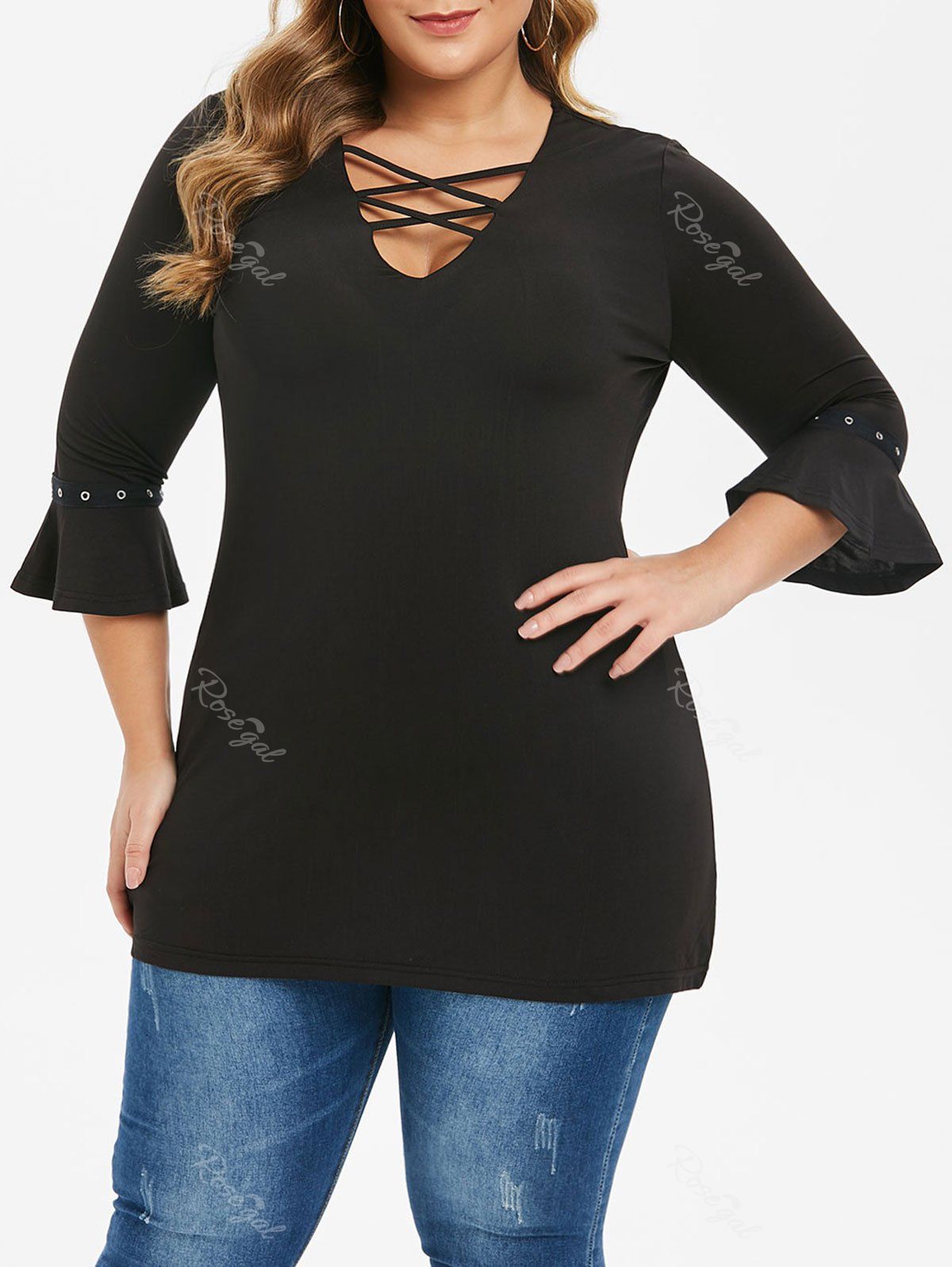 

Plus Size Lattice Grommets Tunic Top, Black