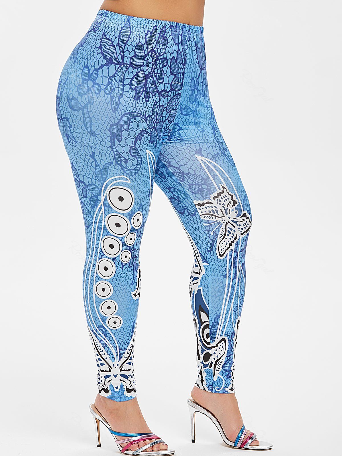 

Plus Size High Rise Floral Butterfly Print Leggings, Blueberry blue