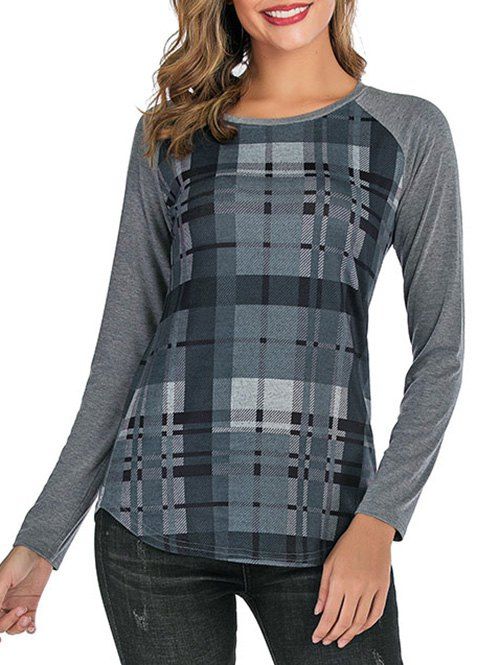 

Raglan Sleeves Plaid Round Neck Tee, Gray