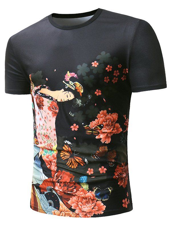 

Flower Butterfly Fan Anicent Beauty Print Short Sleeve T-shirt, Black