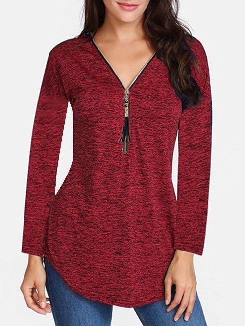 

Zip Front V Neck Space Dye Tee, Red wine