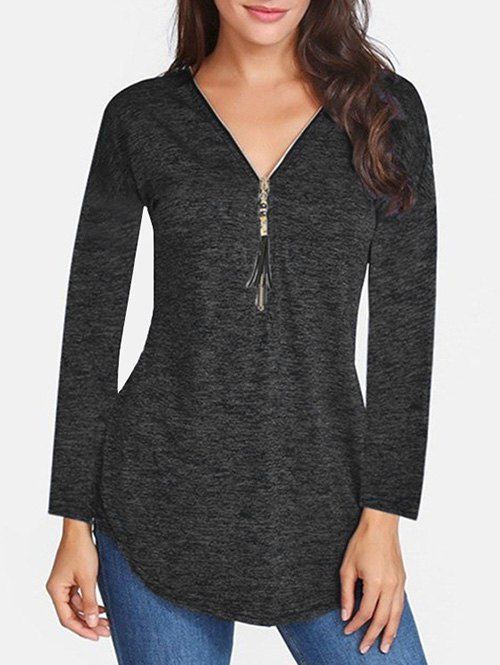 

Zip Front V Neck Space Dye Tee, Black