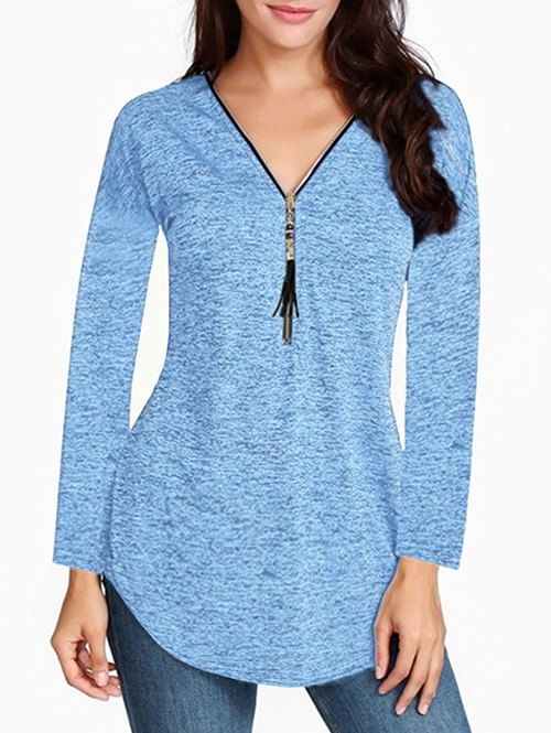 

Zip Front V Neck Space Dye Tee, Light sky blue