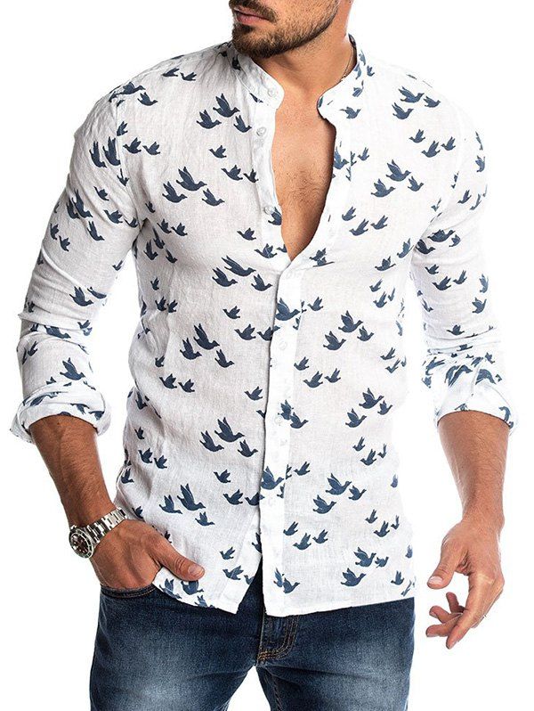 

Bird Figure Allover Print Long Sleeve Casual Shirt, White