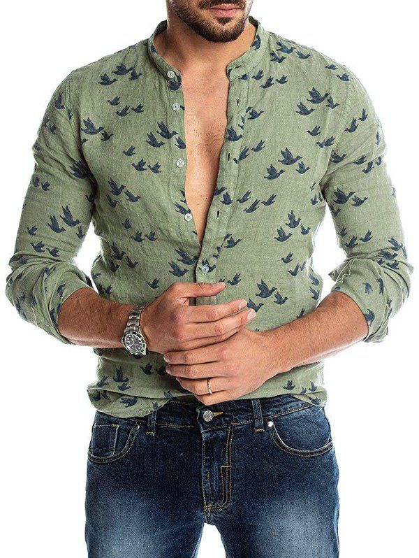 

Bird Figure Allover Print Long Sleeve Casual Shirt, Army green