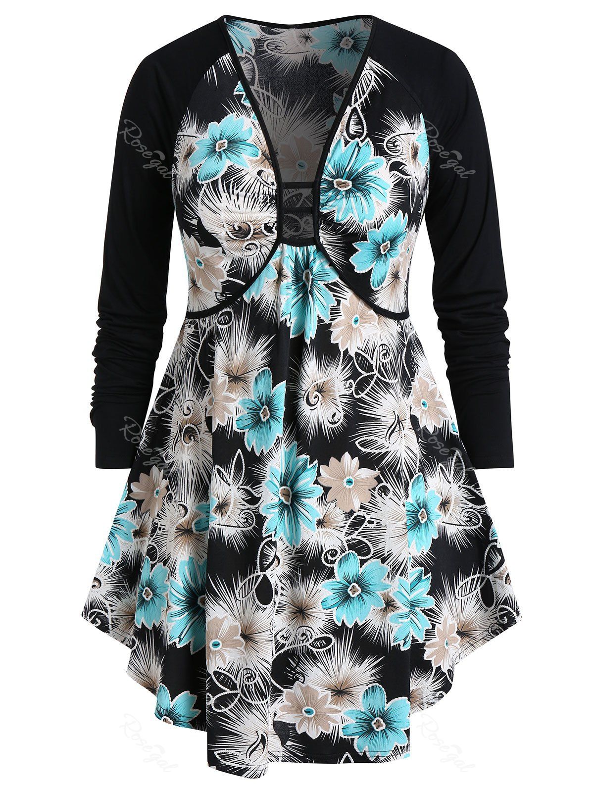 

Plus Size Low Cut Curved Floral T-shirt, Black