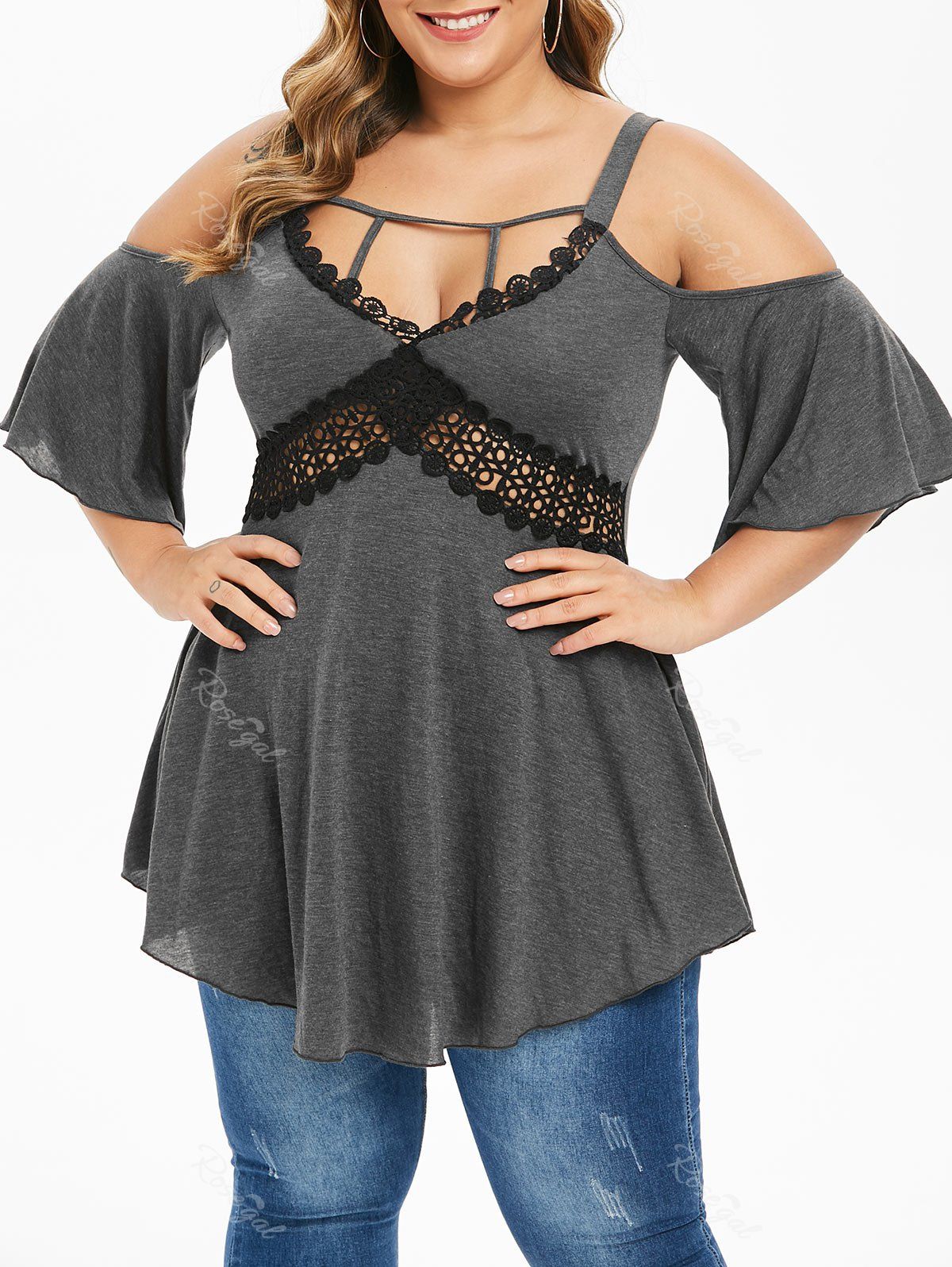 

Plus Size Open Shoulder Cut Out Tunic T Shirt, Dark slate grey
