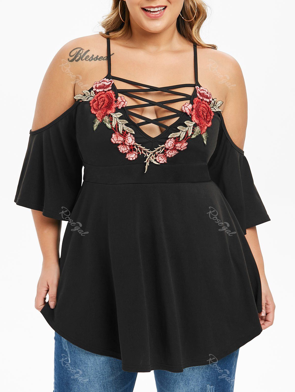 

Plus Size Embroidered Open Shoulder Criss Cross T Shirt, Black