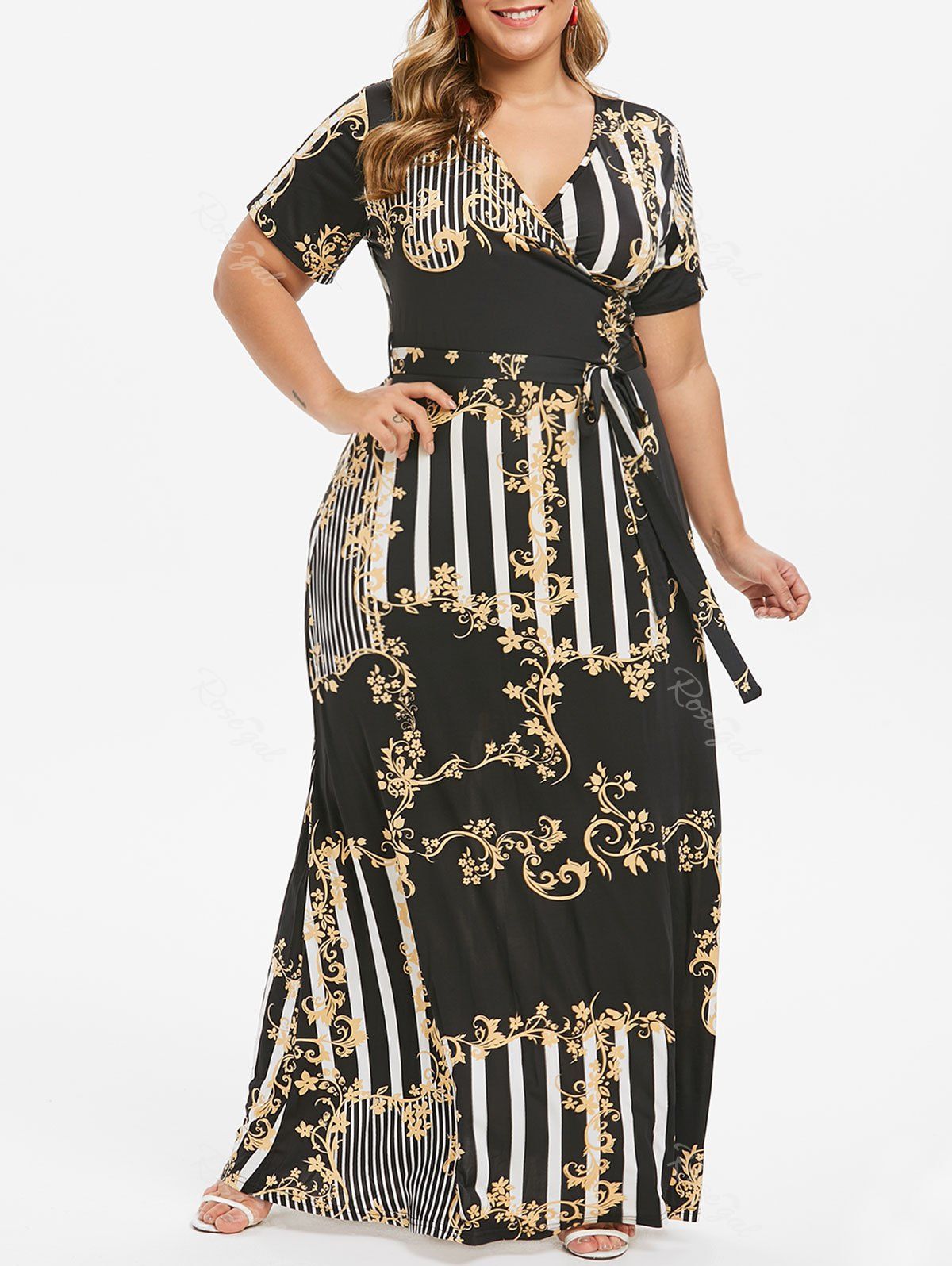 

Plus Size Tribal Print Maxi Surplice Dress, Black