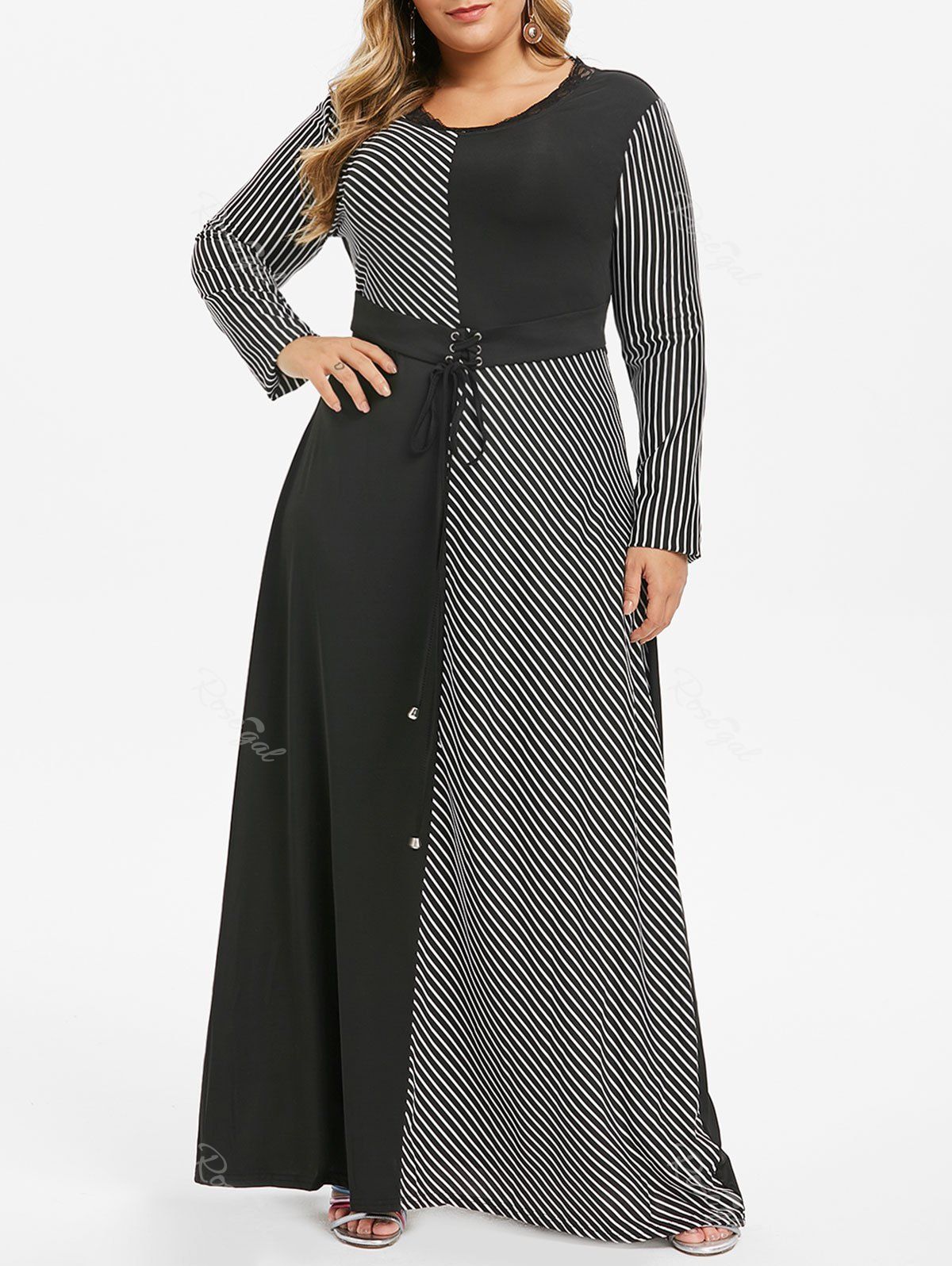 

Plus Size Contrast Stripe Lace Up Maxi Dress, Black