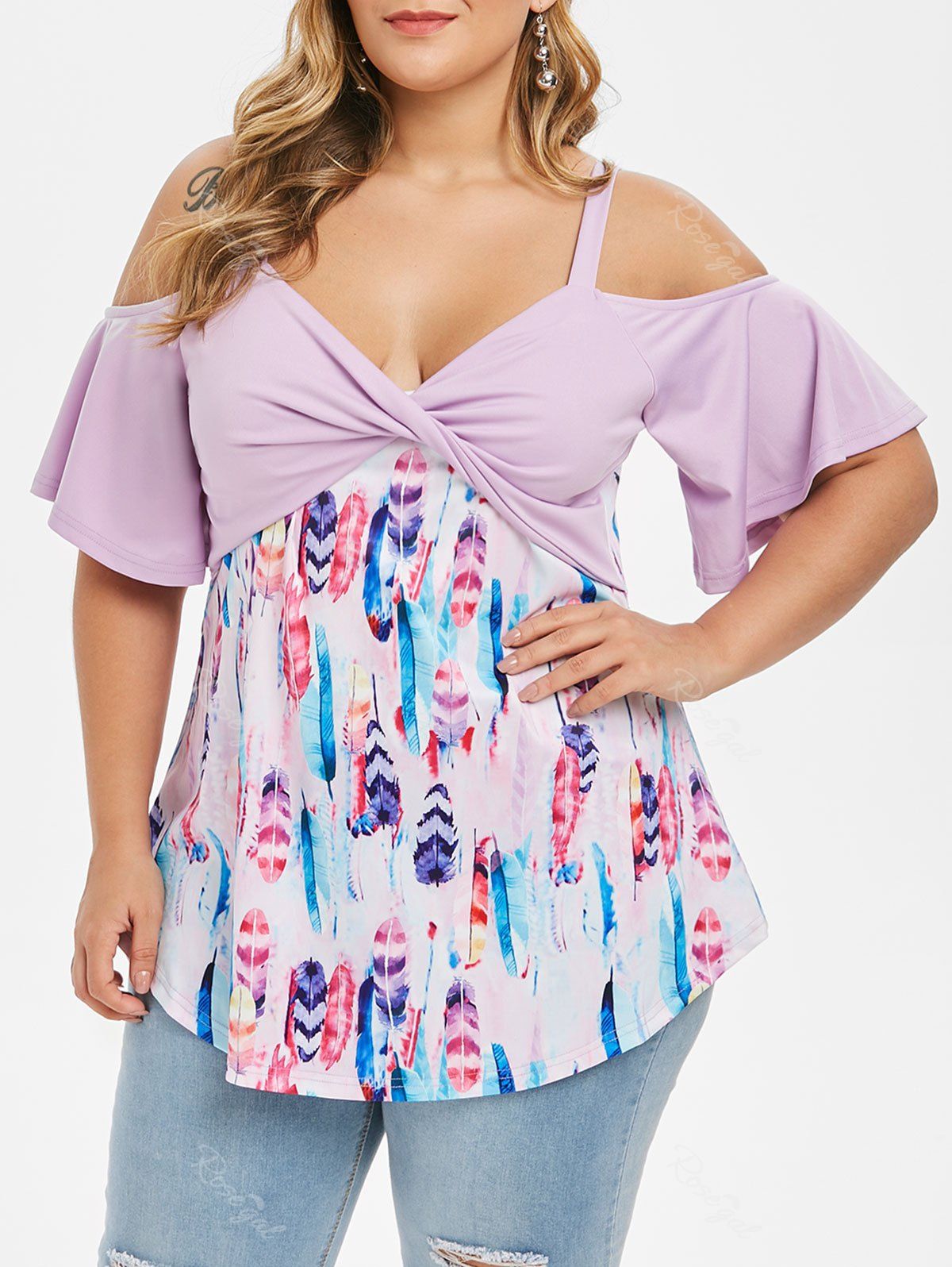 

Plus Size Open Shoulder Feather Print Twist T-shirt, Mauve