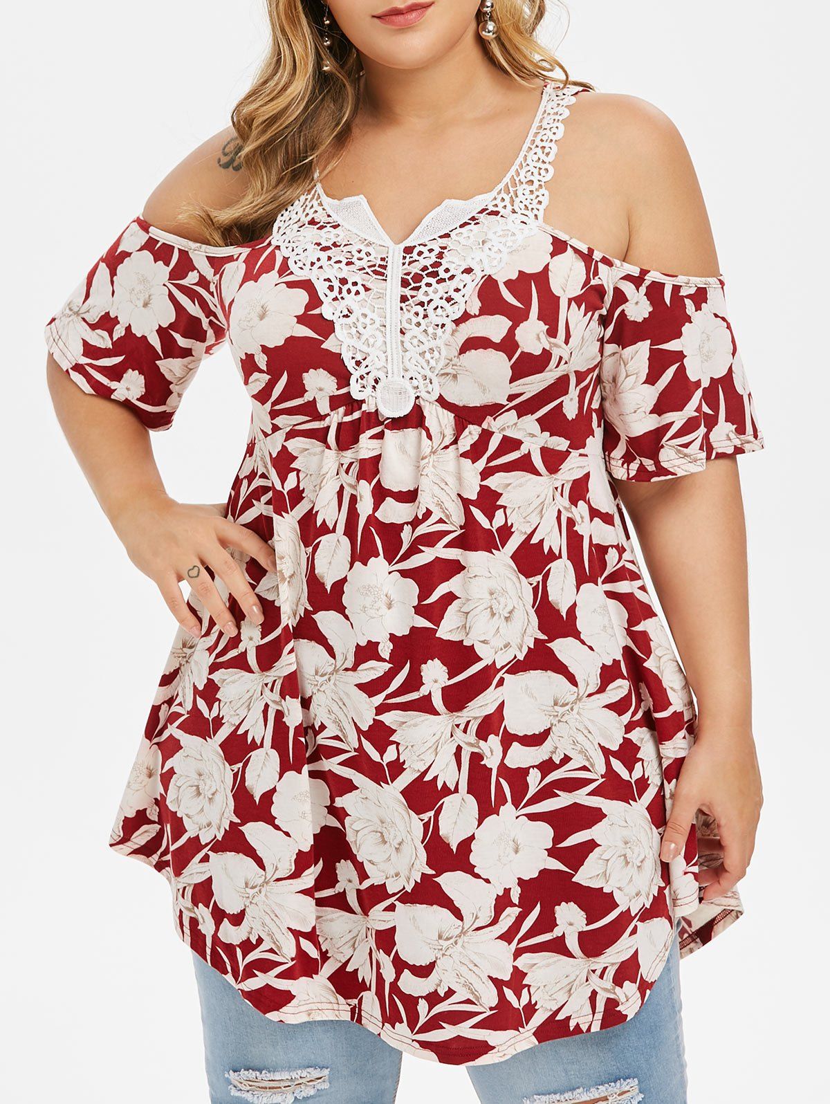 

Plus Size Cold Shoulder Contrast Lace Floral T-shirt, Red wine