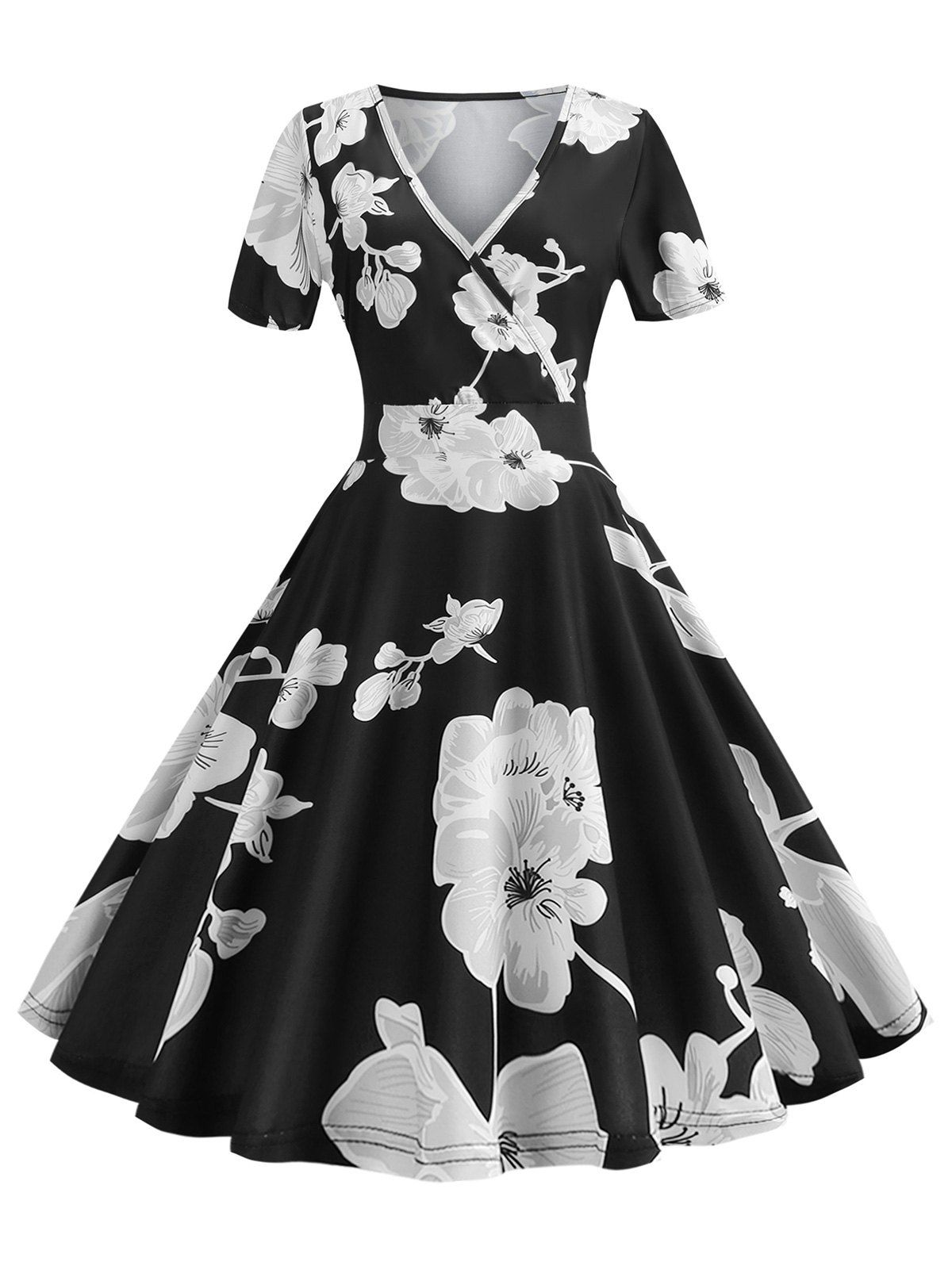 

Flower Print Vintage Surplice Flare Dress, Multi-a